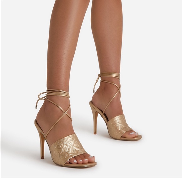 Lace up printed detail strap square toe 4.5” heels - Picture 2 of 13